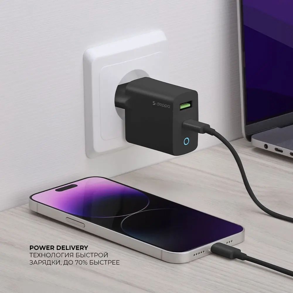 СЗУ USB C + USB-A PD QC 33W с дисплеем, Deppa