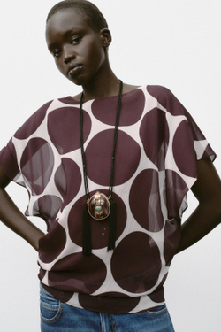 ZARA ПОЛУПРОЗРАЧНЫЙ ТОП В ГОРОШЕК, ЭКРЮ/ГРАНАТОВЫЙ