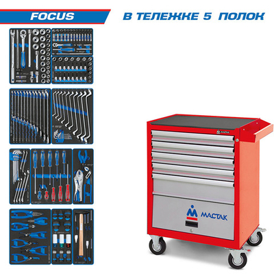 KING TONY (934-188AMR) Набор инструментов "FOCUS" в красной тележке, 188 предметов