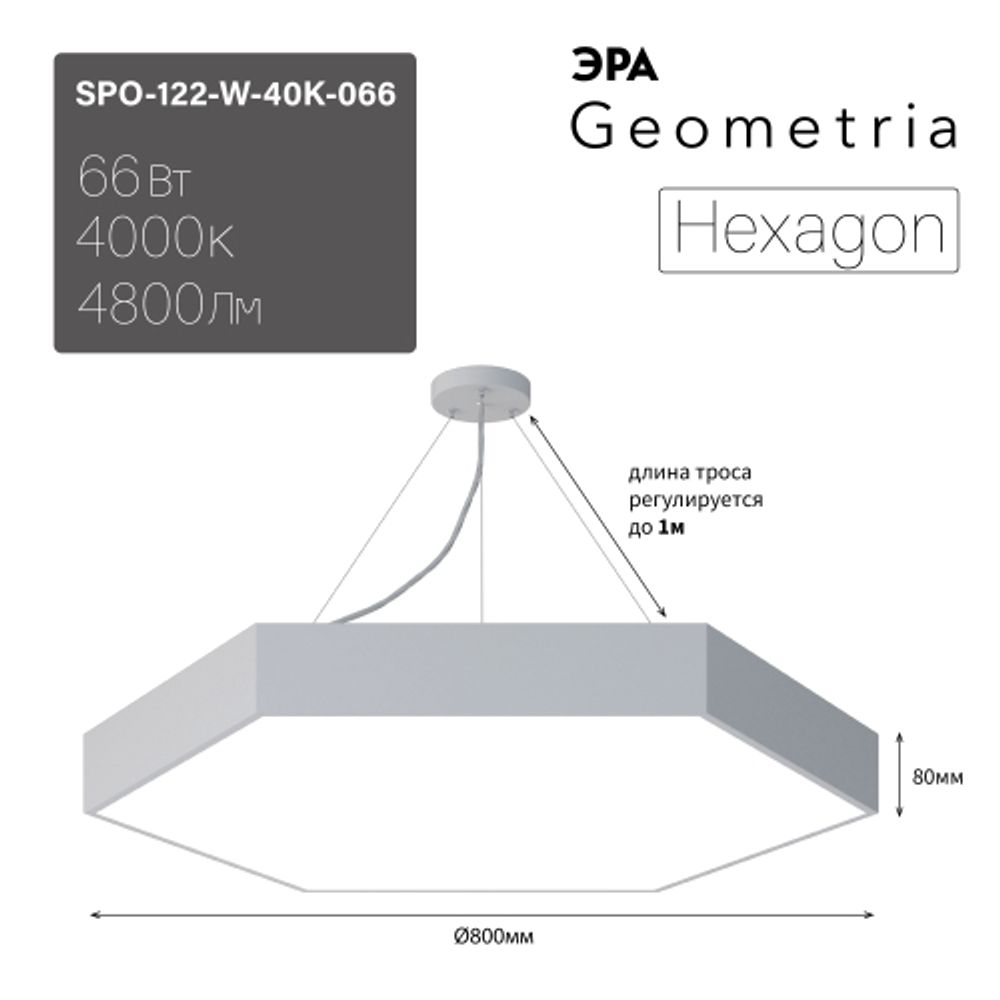 Светильник LED ЭРА Geometria SPO-122-W-40K-066 Hexagon 66Вт 4000К 5300Лм IP40 800*800*80 белый подвесной | Декоративные светильники Geometria