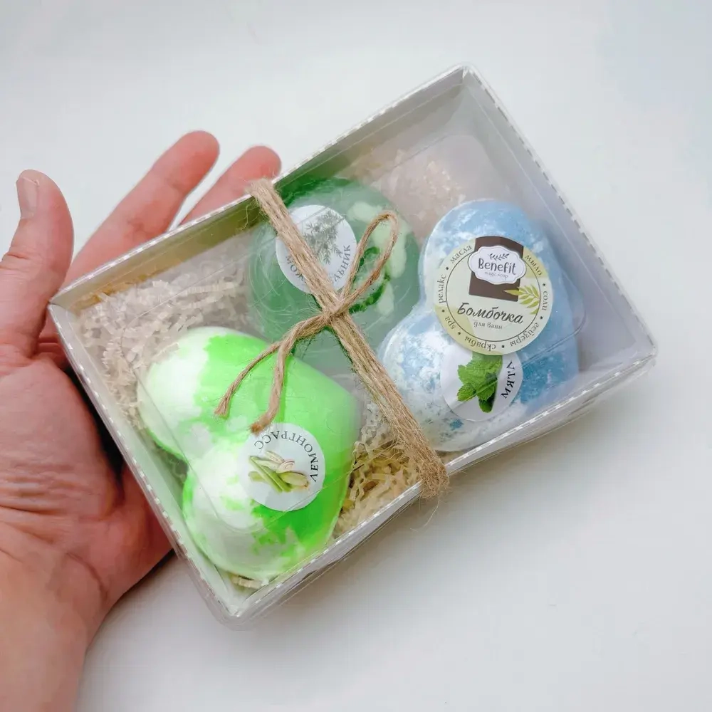 Набор бомбочек "Сердце мята XL, лемонграсс XL + мыло можжевельник"