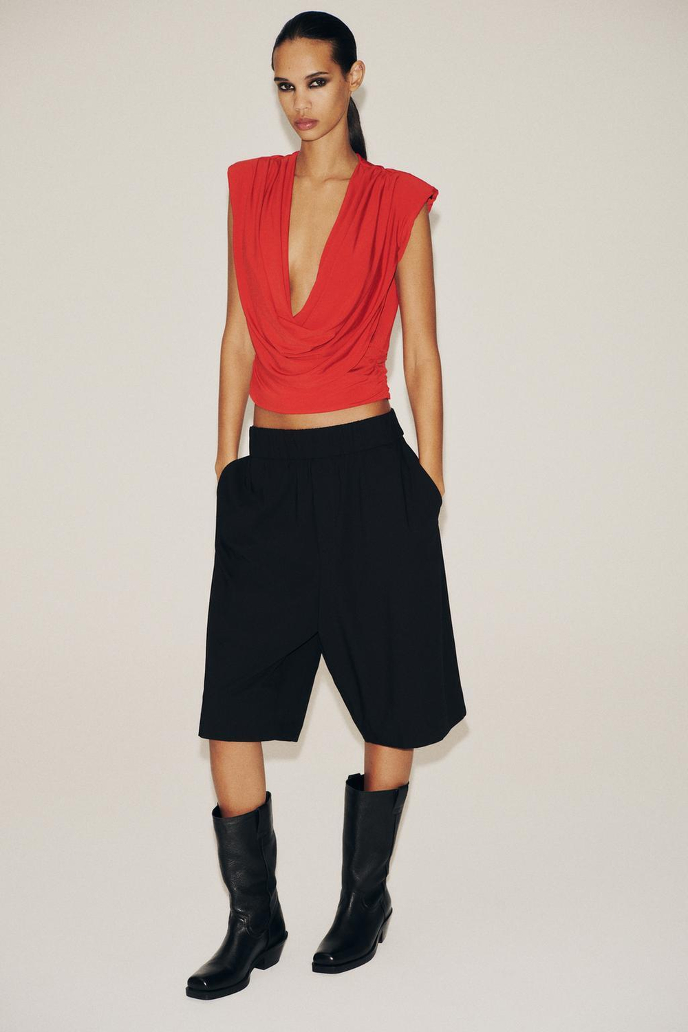 ZARA ТОП ДРАПИРОВАННЫЙ С ПОДПЛЕЧНИКАМИ, ЯРКИЙ КРАСНЫЙ