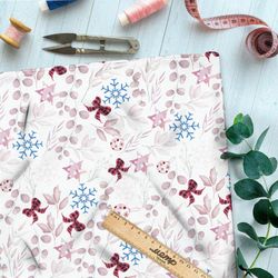 Ткань флис красные листья, клетчатые банты и снежинки