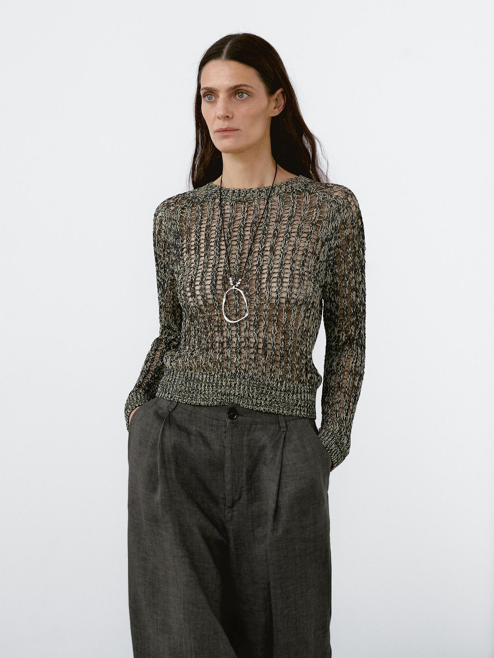 Massimo Dutti Брюки широкие из 100% льна, серовато-зеленый