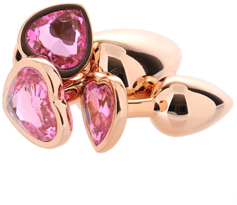 Алюминиевая анальная пробка ""розовое золото"" с розовым кристаллом в форме сердца (размер M)
