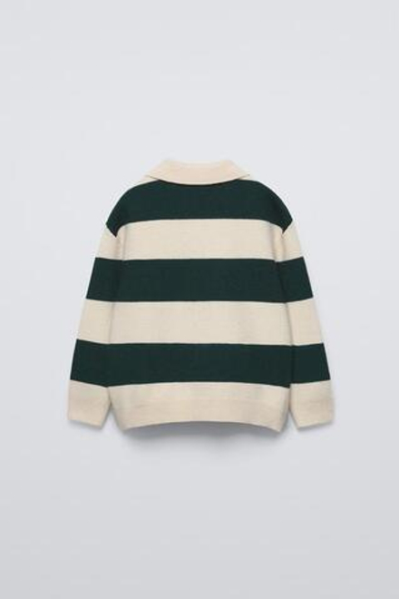 ZARA СВИТЕР-ПОЛО В ПОЛОСКУ, ЭКРЮ/ЗЕЛЕНЫЙ