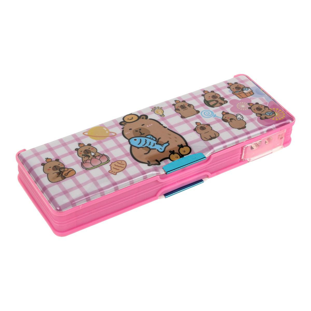 Пенал пластиковый "Капибара" с блестками, 2 отв., с точилкой, 3 вида микс