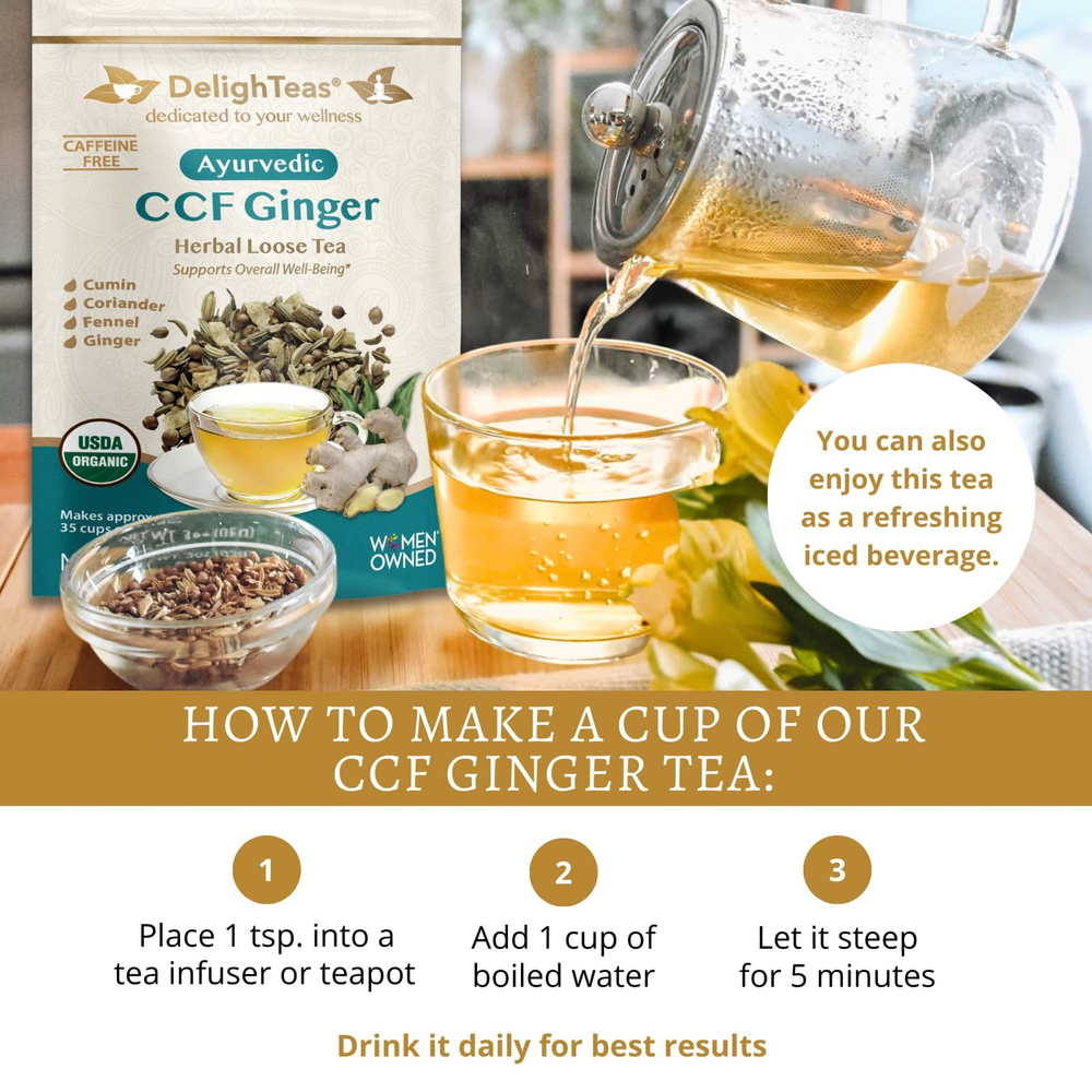 DelighTeas, Аюрведический чай с имбирем и травами для детоксикации CCF, рассыпчатая смесь, без кофеина, 85 г (3 унции)