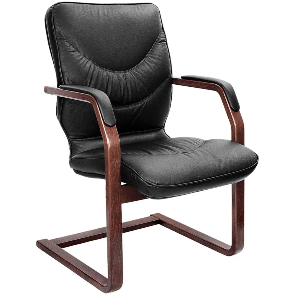 Конференц-кресло LEEDS WOOD С с низ спинкой на полозьях ч.кож+к/з/т.орех