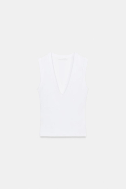 ZARA ХЛОПКОВАЯ ФУТБОЛКА С V-ОБРАЗНЫМ ВЫРЕЗОМ, БЕЛЫЙ