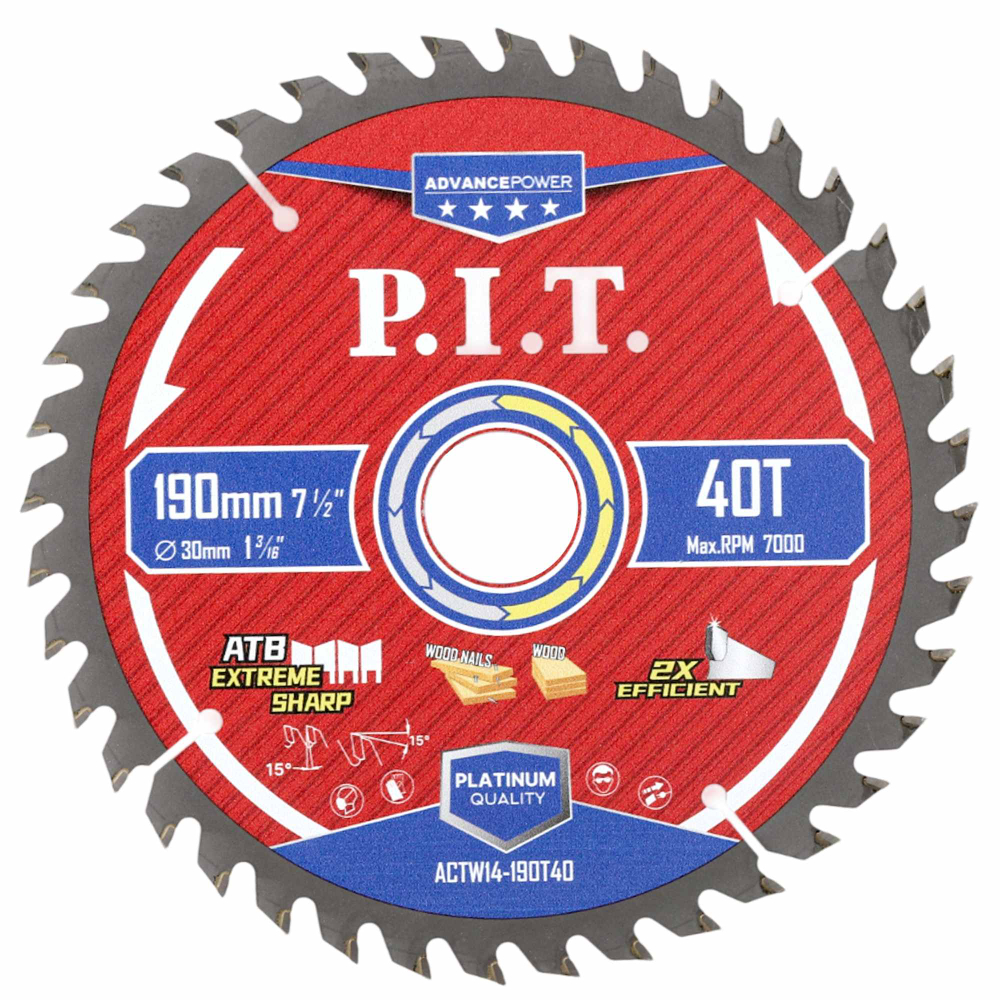 Диск пильный по дереву PIT  190x30x1,4 мм, 40T Carbide, зуб ATB 15° (ACTW14-190T40)