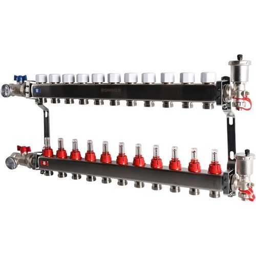 Коллектор Rommer 1"x3/4" на 11 контуров с расходомерами в сборе (нерж. сталь) RMS-1210-000011