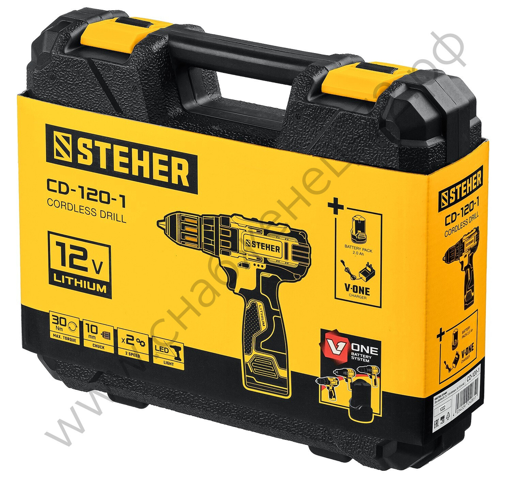 STEHER 12 В, 30 Н·м, 1 АКБ (2 А·ч), дрель-шуруповерт, кейс (CD-120-1)