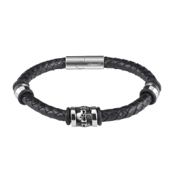 Американский мужской чёрный браслет из натуральной плетёной кожи и нержавеющей стали Three Charms Leather Bracelet с 3 шарами Zippo 2007172 в подарочной коробке