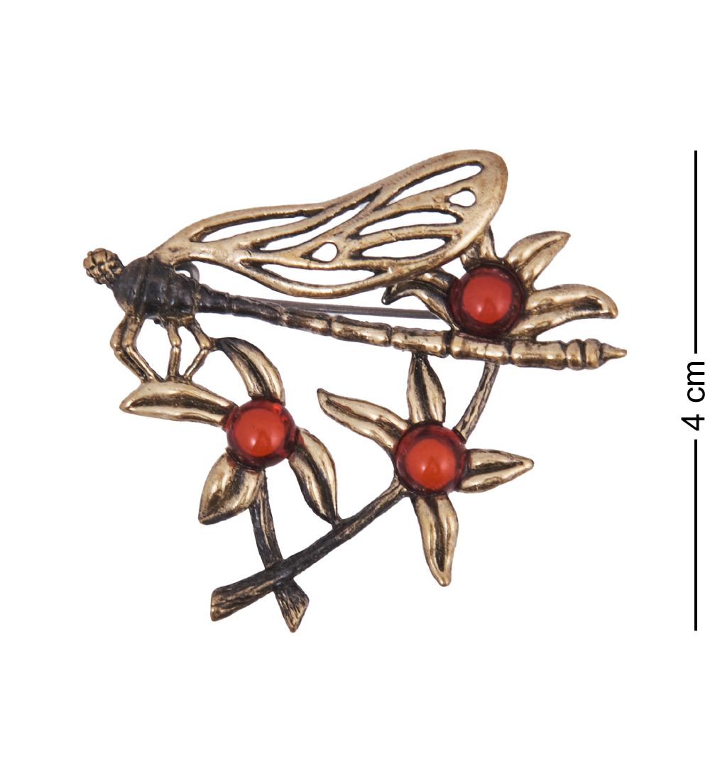 AM-4238 Брошь «Стрекоза Ветерок» (латунь, янтарь)