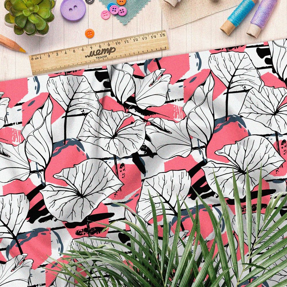 Ткань интерлок широкие листья яркие