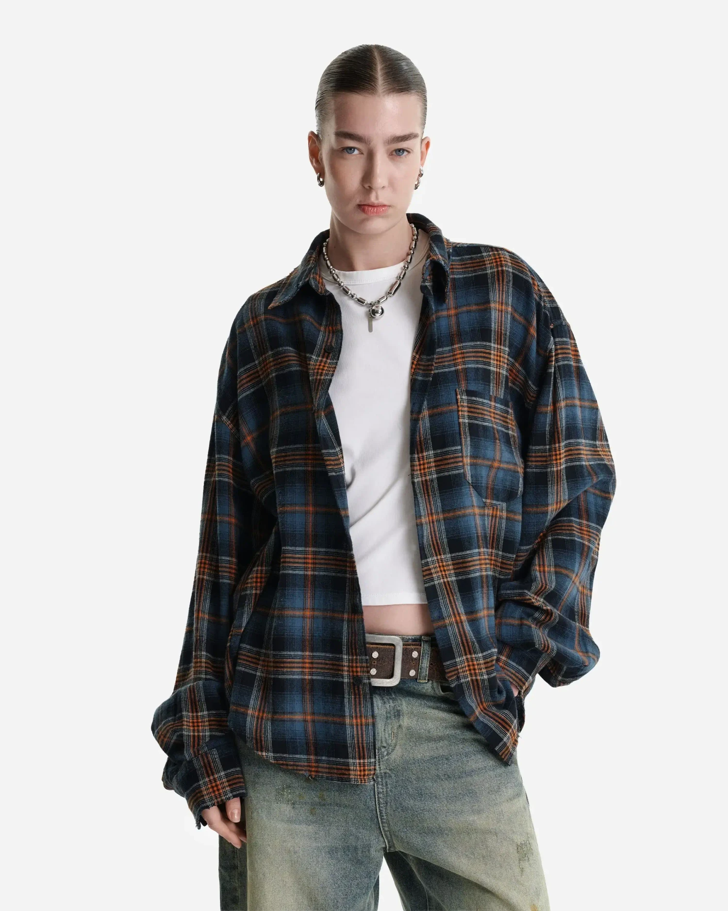 Рубашка в клетку оранжево-синяя