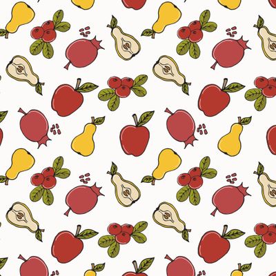 Гранаты, яблоки, груши и брусника на белом фоне
