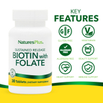 NaturesPlus, биотин и фолат длительного высвобождения, 30 таблеток