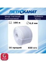 Фал плетеный ТАЙФУН 6,0 мм, 650 кг, 100 м, белый, бухта