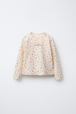 ZARA ФУТБОЛКА В РУБЧИК С ЦВЕТОЧНЫМ ПРИНТОМ И ВЫШИВКОЙ, ЭКРЮ