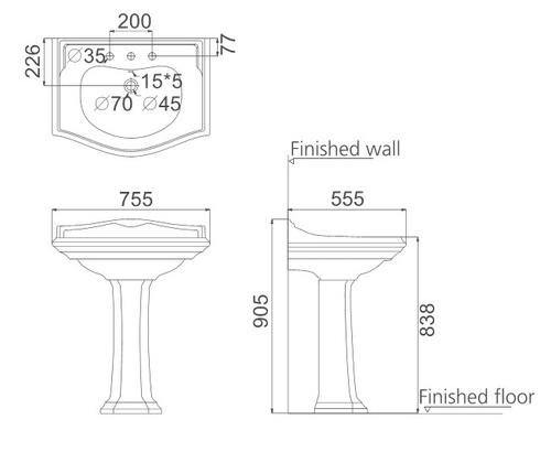 Раковина Creo Ceramique DIJON 750х550х905, с пьедесталом, белая