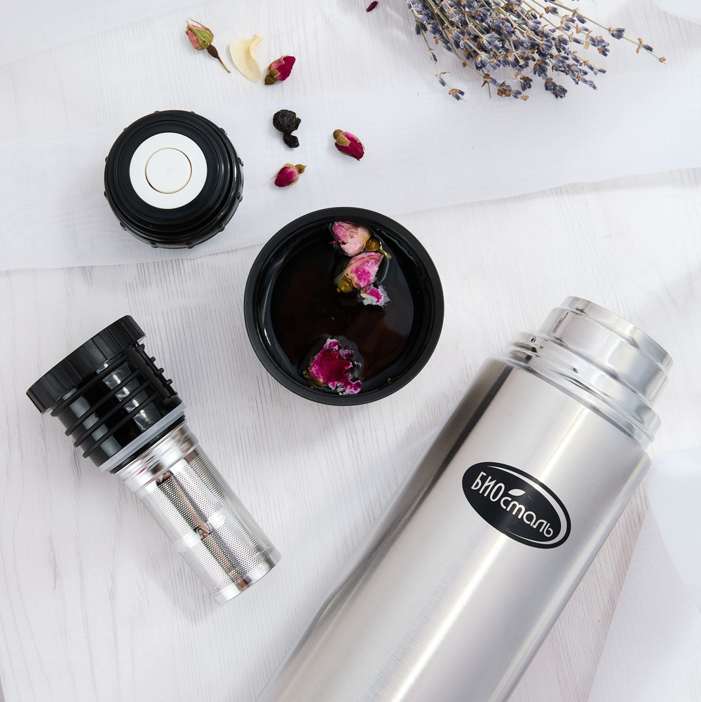 Термос Biostal (1 литр), узкое горло, пробка с ситечком, пробка с кнопкой