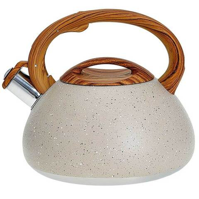 Чайник со свистком 3 л из нержавеющей стали, индукционное дно ALPENKOK AK-522 бежевый гранит, ручка светлое дерево