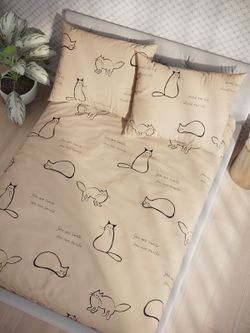 Постельное белье перкаль Сказка "Котики (беж)" 1,5-сп  Наволочка 50х70 см 1 шт Простынь на резинке 90x200 см Пододеяльник 145x215 см