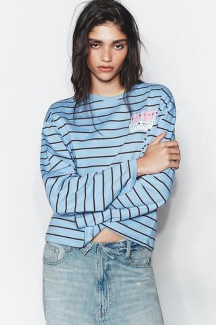 ZARA ФУТБОЛКА В ПОЛОСКУ С НАДПИСЬЮ, СИНИЙ