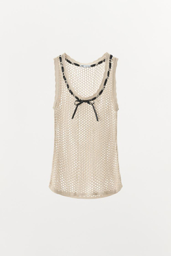 ZARA ТОП ИЗ АЖУРНОГО ТРИКОТАЖА С КОНТРАСТНЫМ БАНТОМ, ЖЕЛТОВАТО-БЕЛЫЙ