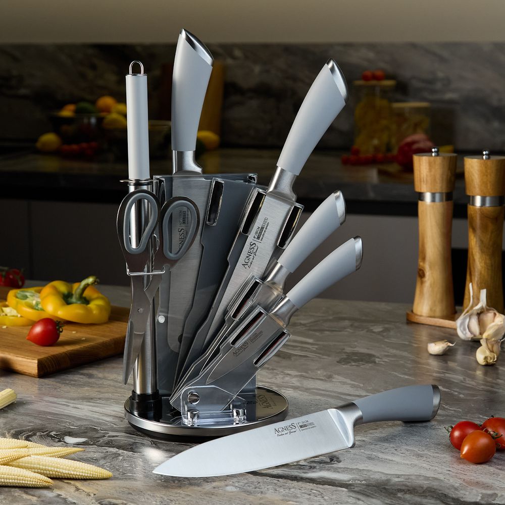 НАБОР НОЖЕЙ AGNESS НЖС НА ПЛАСТИКОВОЙ ВРАЩАЮЩЕЙСЯ ПОДСТАВКЕ 8 ПР.