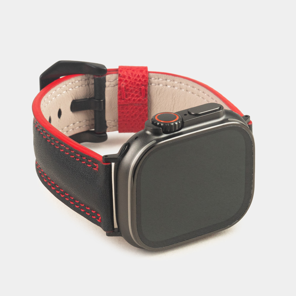 Ремешок для Apple Watch Ultra 49mm из кожи теленка черного цвета с красной строчкой