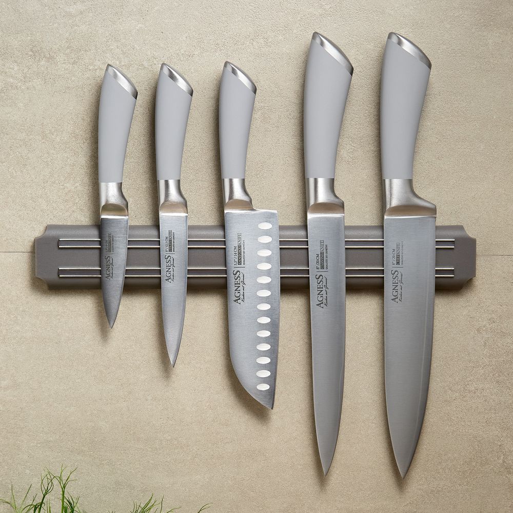 НАБОР НОЖЕЙ AGNESS "МОНБЛАН" 6 ПР.С МАГНИТНЫМ ДЕРЖАТЕЛЕМ И РУЧКОЙ ИЗ НЕРЖ.СТАЛИ