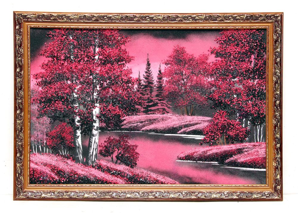 Картина№6 &quot; Рубиновый закат&quot; рисованная уральскими минералами в деревянном багете 47-67-2см .