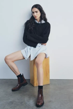 ZARA УКОРОЧЕННЫЙ СВИТЕР ИЗ РИФЛЕНОГО ТРИКОТАЖА, ЧЕРНЫЙ