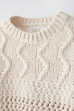 ZARA СВИТЕР ИЗ БАРХАТИСТОЙ СИНЕЛИ, ЭКРЮ