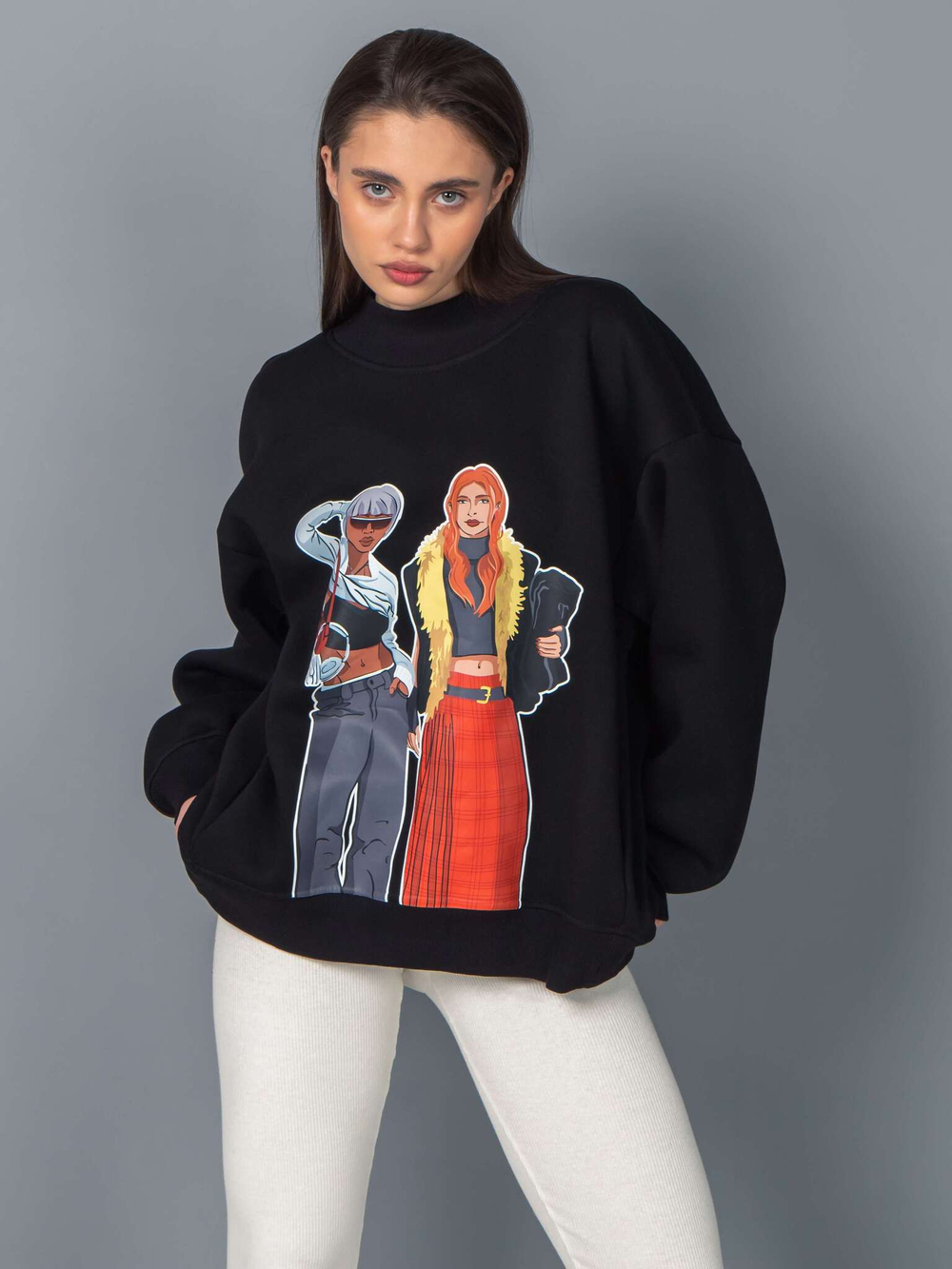 Свитшот женский оверсайз с принтом fashion girls черный