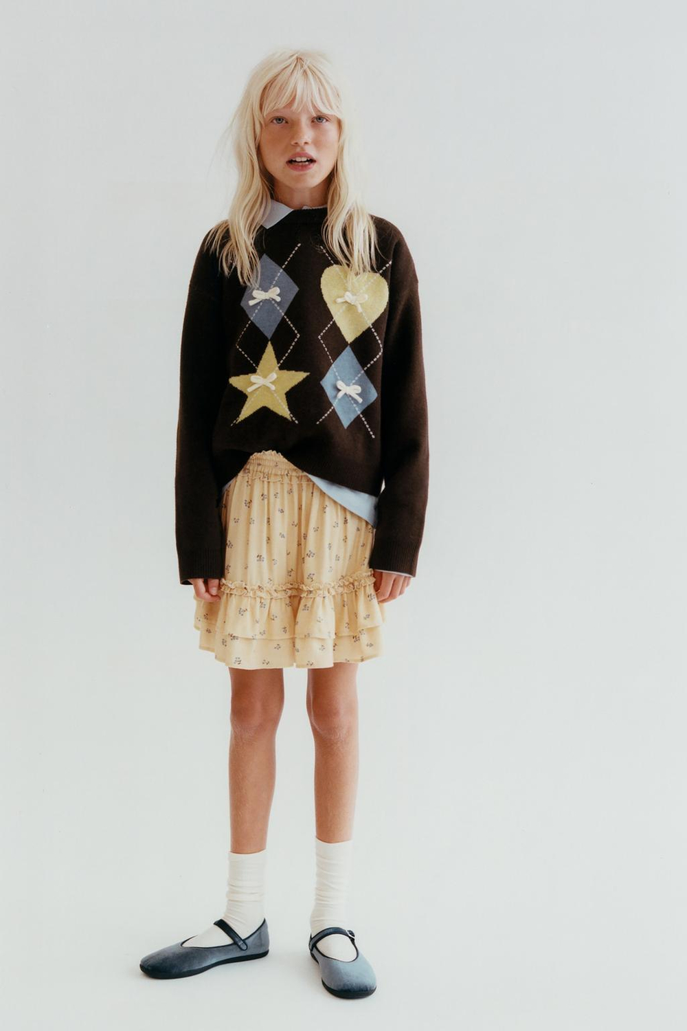 ZARA СВИТЕР С УЗОРОМ «РОМБЫ» И БАНТАМИ, КОРИЧНЕВЫЙ