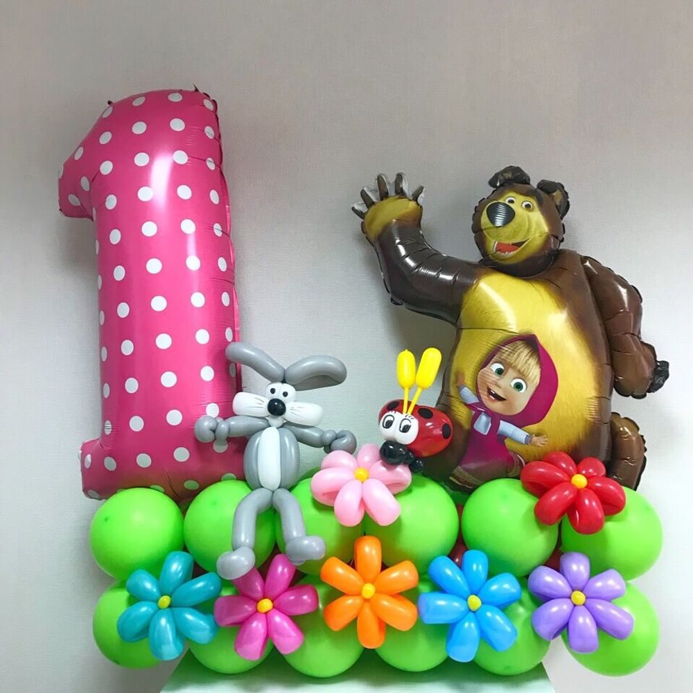 Маша и медведь с цифрой, стойка из шаров