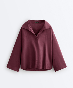 Oysho Рубашка-поло оверсайз с длинными рукавами из 100%-го льна, бордо