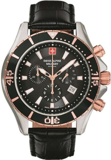 С ремешком Мужские наручные часы с черным кожаным ремешком Swiss Alpine Military 7040.9557 chronograph 44mm 10ATM