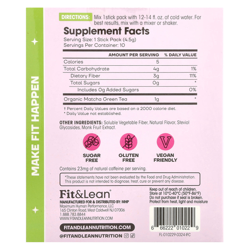Fit & Lean, Чай со льдом Matcha Amore, малиновый чай, 10 пакетиков в стиках по 4,5 г (0,16 унции)