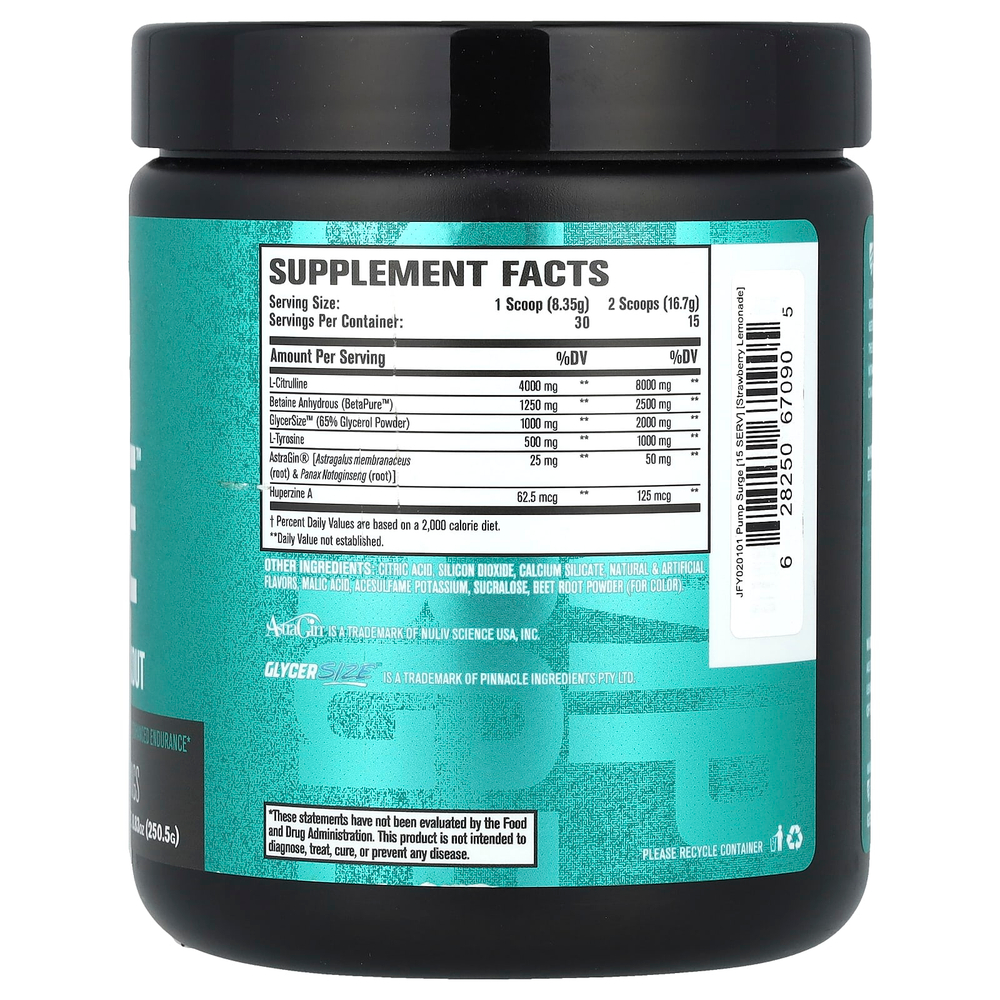 Jacked Factory, Pump Surge ™, без стимуляторов перед тренировкой, клубничный лимонад, 250,5 г (8,83 унции)