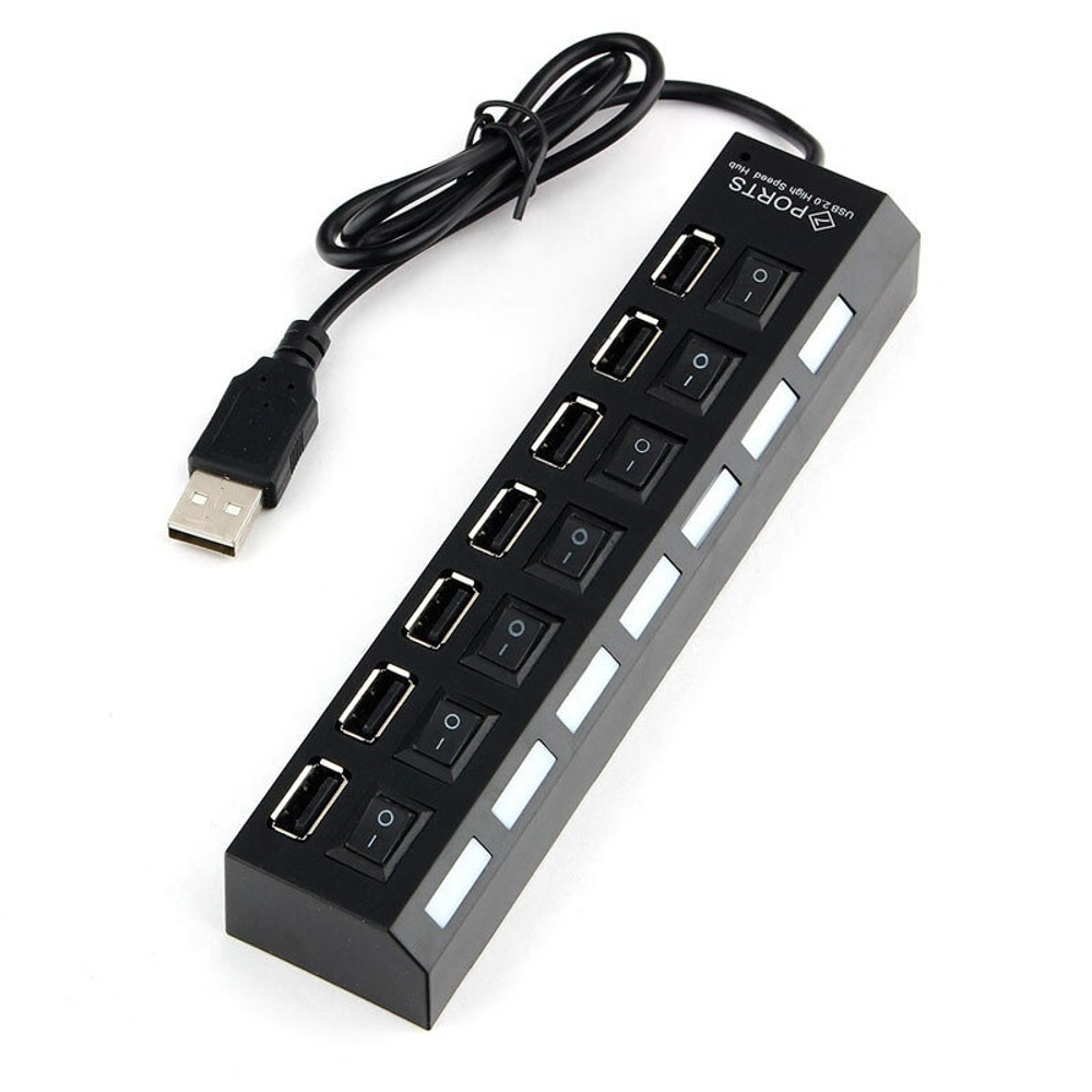 Черный USB-хаб на 7-портов UHB-U2P7-02 с выключателем и подсветкой активного порта