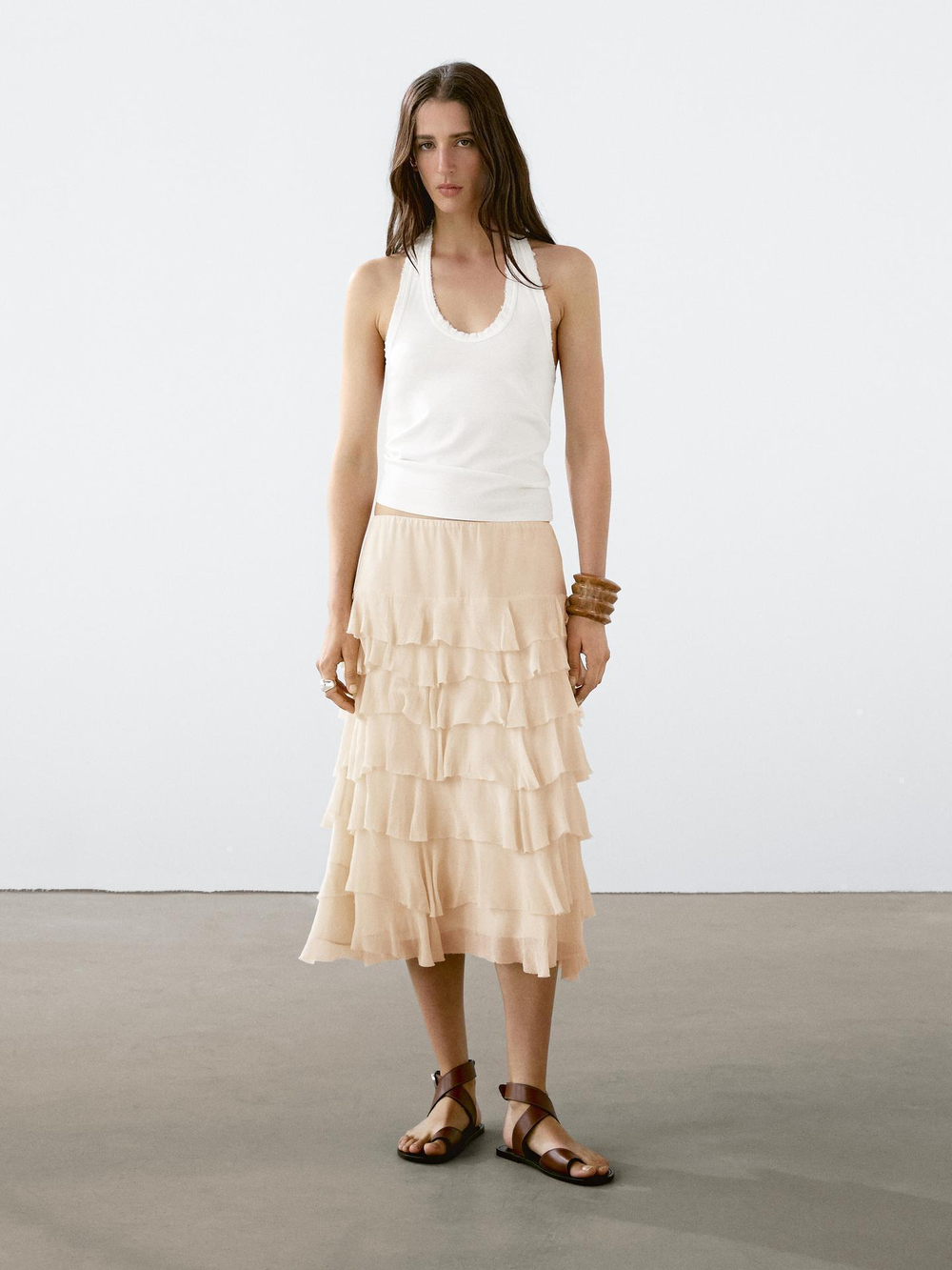 Massimo Dutti Короткая юбка с воланами, кремовый