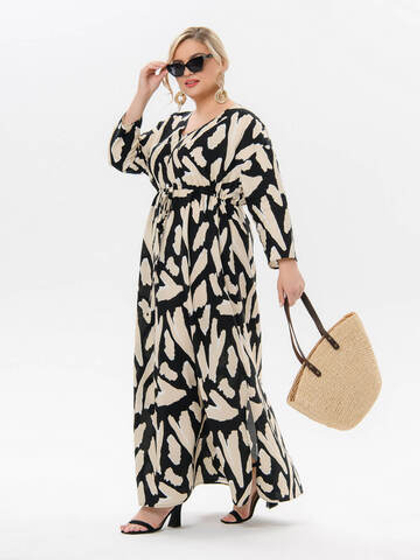 Платье с V-вырезом и кулиской, чёрно-бежевый