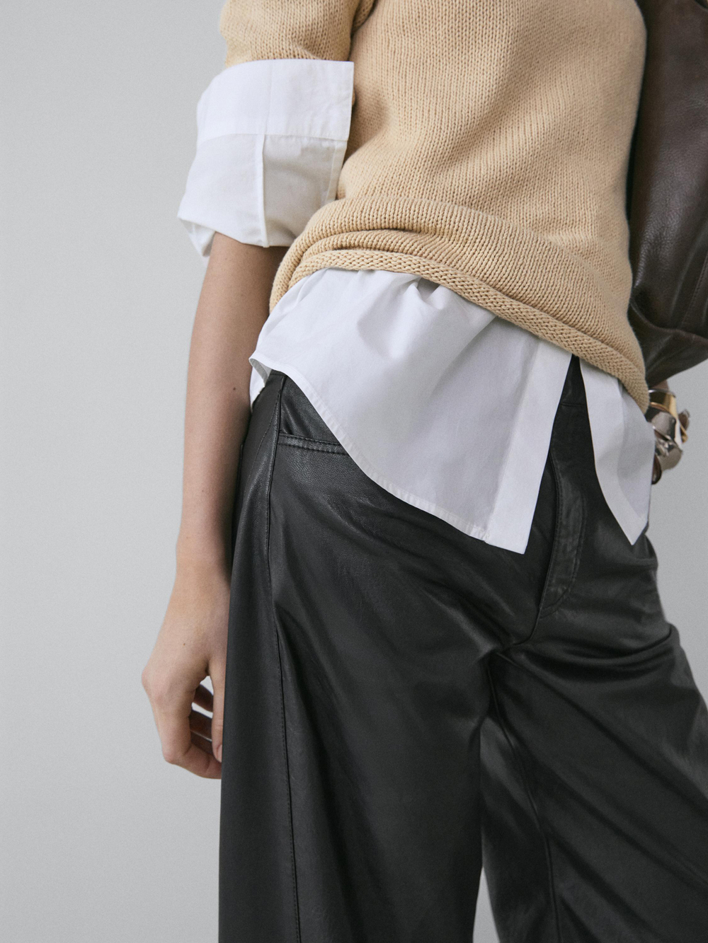 Massimo Dutti Брюки-баллоны из кожи наппа, черный