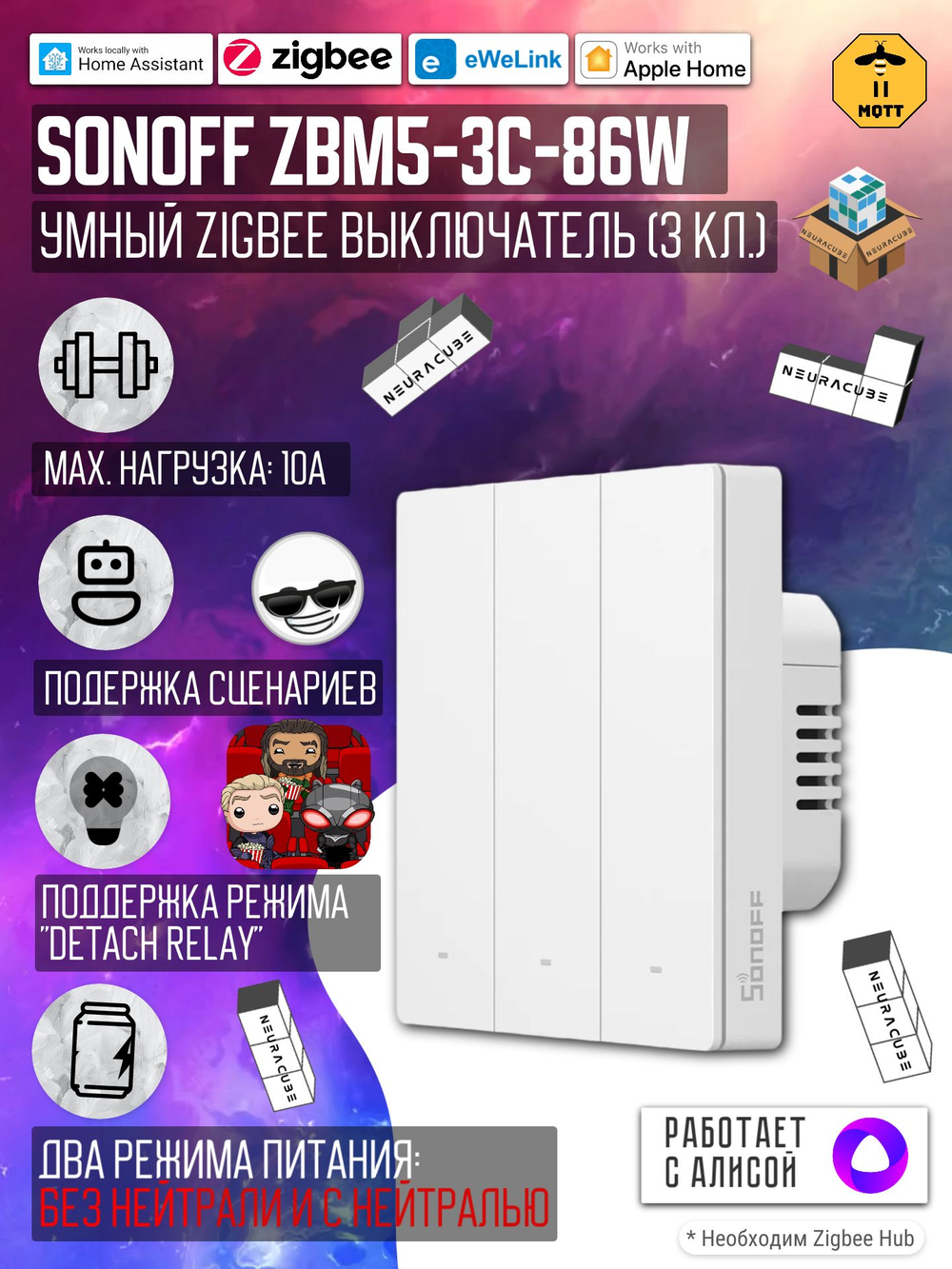 Умный Zigbee выключатель Sonoff ZBM5-1C-86W