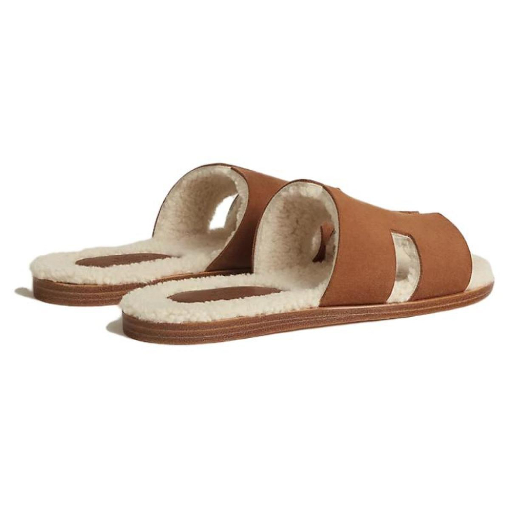 Hermes Izmere sheepskin comfortable trend one-word slippers women's brown, H231920Z H2P
